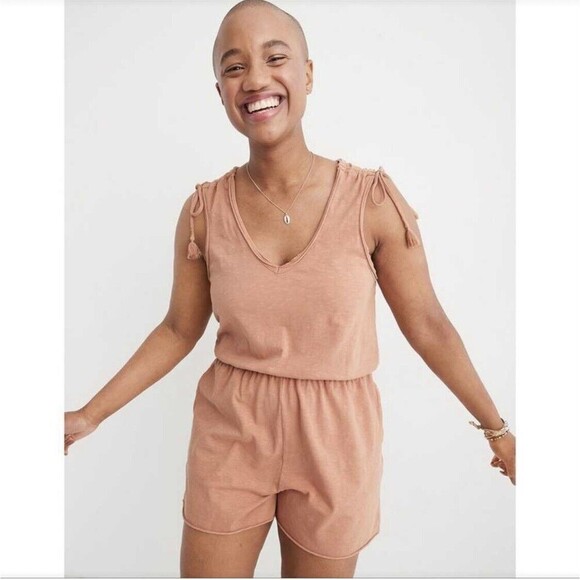 Aerie Ruched Romper Tie Shoulder Knit Jersey Women’s Size XS Boho Festival Rust - Picture 3 of 12